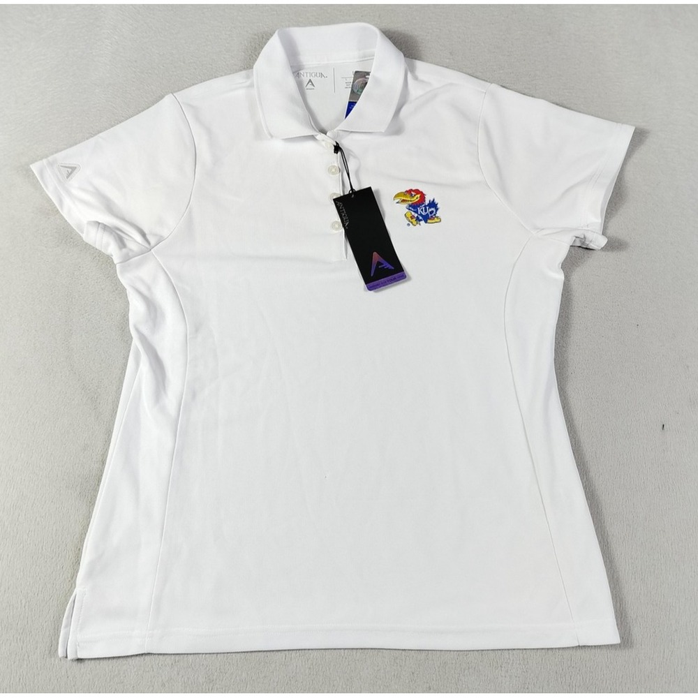 Antigua Polo Shirt Womens Large White Kansas Jayhawks NCAA Basketball Big Jay